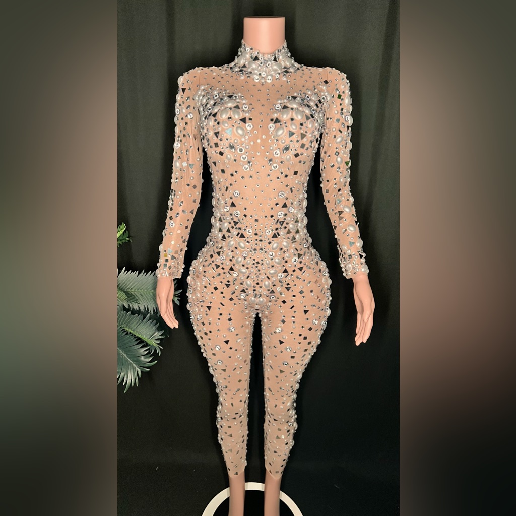 Rhinestone Mirror And Pearl Embellished Long Sleeve Bodycon Jumpsuit (Mesh)